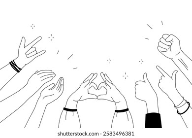 Applause hands set in doodle style. Human hands sketch, with arms raised in gestures like clapping and making heart shapes, on a white background. Vector illustration for celebratory themes