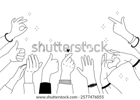 Applause hands set in doodle style. Human hands sketch, scribble arms raised clapping on a white background, featuring various hand positions and a thumb-up gesture silhouette, vector illustration