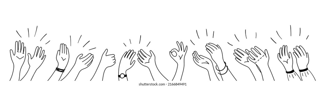 Applause hands set on doodle style. Human hands sketch, scribble arms wave clapping on white background, thumb up gesture silhouette, vector illustration.