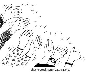 Applause hands set on doodle style. Human hands sketch, scribble arms wave clapping on white background, thumb up gesture silhouette, vector illustration.