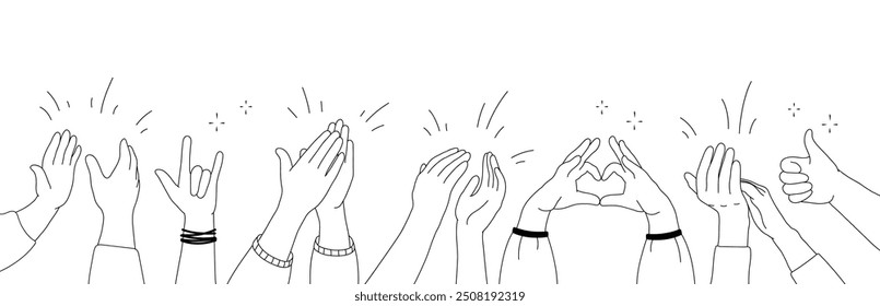 Manos de aplausos en estilo doodle. Dibujo de las manos humanas, garabatos de la onda de los brazos que aplauden en el fondo blanco, silueta del gesto del pulgar para arriba, Ilustración vectorial