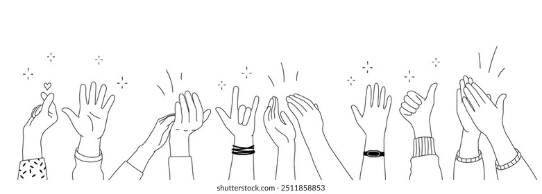 Applause hands set on doodle style. Human hands sketch, scribble arms wave clapping on white background, thumb up gesture silhouette, vector illustration