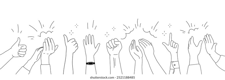 Applause hands set on doodle style. Human hands sketch, scribble arms wave clapping on white background, thumb up gesture silhouette, vector illustration