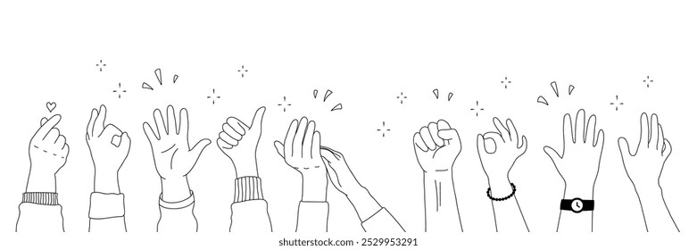 Applause hands set on doodle style. Human hands sketch, scribble arms wave clapping on white background, thumb up gesture silhouette, vector illustration