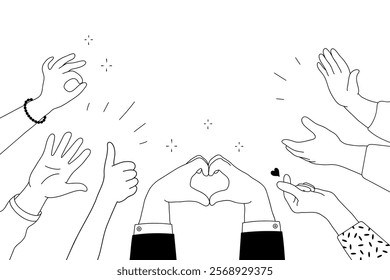 Applause hands set on doodle style. Human hands sketch, scribble arms wave clapping on white background, thumb up gesture silhouette, vector illustration