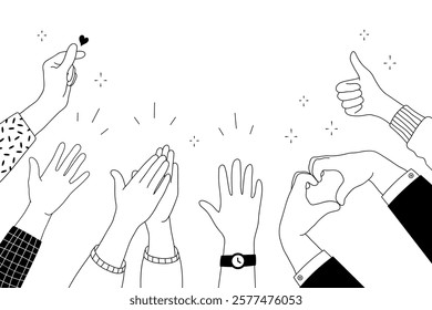 Applause hands set on doodle style. Human hands sketch, scribble arms wave clapping on white background, thumb up gesture silhouette, vector illustration