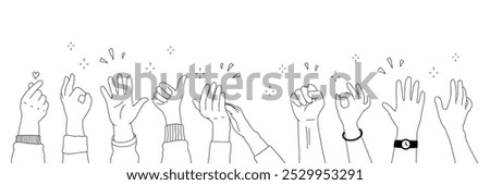 Applause hands set on doodle style. Human hands sketch, scribble arms wave clapping on white background, thumb up gesture silhouette, vector illustration