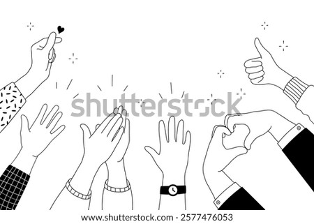 Applause hands set on doodle style. Human hands sketch, scribble arms wave clapping on white background, thumb up gesture silhouette, vector illustration