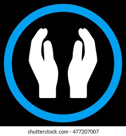 Applause Hands vector bicolor rounded icon. Image style is a flat icon symbol inside a circle, blue and white colors, black background.