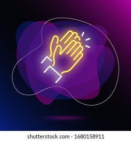 Applause neon sign. Glowing neon two clapping hands on brick wall background. Vector illustration can be used for gesturing, communication, chatting