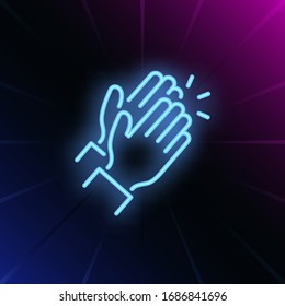 Applause neon sign. Glowing neon two clapping hands on brick wall background. Vector illustration can be used for gesturing, communication, chatting