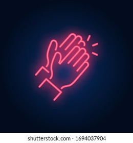 Applause neon sign. Glowing neon two clapping hands on brick wall background. Vector illustration can be used for gesturing, communication, chatting