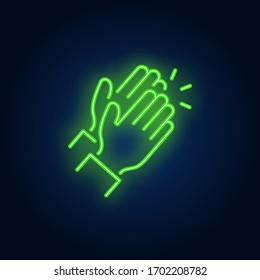 Applause neon sign. Glowing neon two clapping hands on brick wall background. Vector illustration can be used for gesturing, communication, chatting