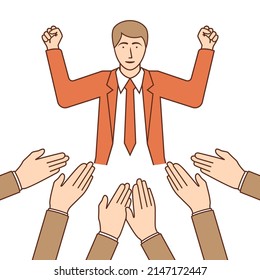 Applause to a successful businessman. Vector illustration flat linear design. Isolated on white background. Symbol of expression of admiration. People clap their hands.