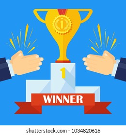 Applause for winner of competition. Achievement concept. Delight, admiration, respect for success, best result. Business award, sport prize. Flat vector cartoon objects isolated on white background.