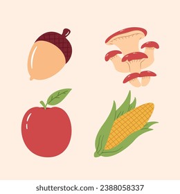 Apple, Accorn, mushroom, corn, flat illustration, harvest autumn illustration