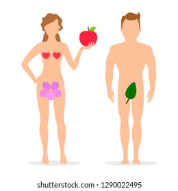 Apple, Adam and Eve silhouettes. Vector illustration of couple people woman and man
