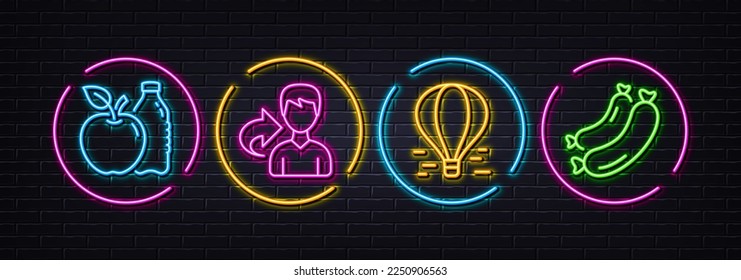 Apple, Air balloon and Share minimal line icons. Neon laser 3d lights. Sausage icons. For web, application, printing. Diet food, Flight travel, Male user. Barbecue meat. Neon lights buttons. Vector