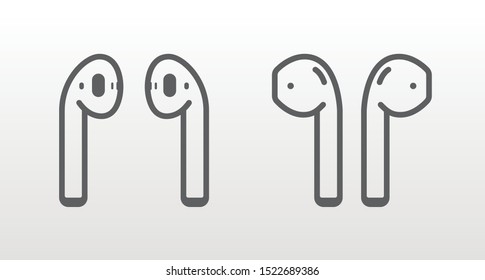 Apple air pods minimal icon. Wireless earphones symbol. 2 side ear bud logo. Two sides headphones electronic gadget. Airpods vector Illustration.