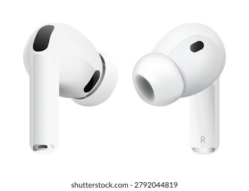 Apple AirPods Pro 3 wireless music earbuds, realistic headphone accessory design. Vector illustration