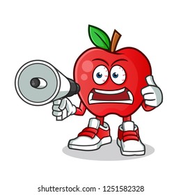 apple angry holds handy loudspeaker mascot vector cartoon illustration