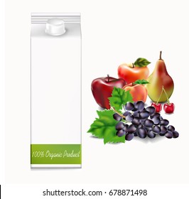 Apple, apricot, pear, cherry, grapes, packing of juice, on white background, vector, illustration
