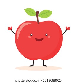 Manzana con brazos y piernas y una cara sonriente, diseño plano, Imagen de Vector en estilo de libro infantil aislado en blanco