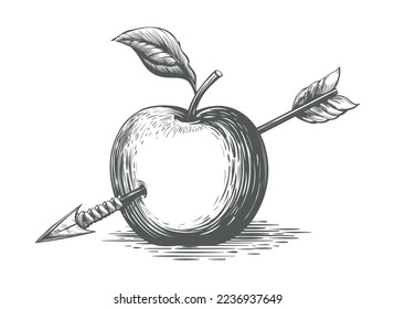 Apple with arrow engraving. Arrow-pierced apples target vintage hand drawn success concept for sport love business tattoo vector illustration isolated on white background