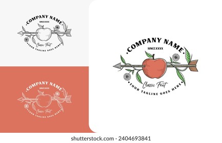 Apple with arrow engraving. Arrow-pierced apples target vintage hand drawn success concept for sport love business tattoo vector illustration