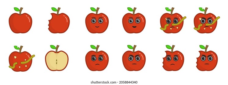 apple avatar expression. bitten and worm apple illustration. sad, angry, happy, smile, apple for ui.