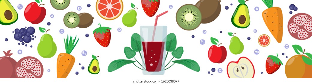 apple, avocado, carrot, pear, pomegranate, kiwi, spinach, orange, strawberries, blueberries on narrow banner for site. Fresh fruit smoothie in glass with straws