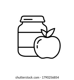 Apple baby food. Linear icon of complementary foods in jar. Black illustration of ready fruit purees in glass bottle. Contour isolated vector emblem on white background. Canned food or tinned goods