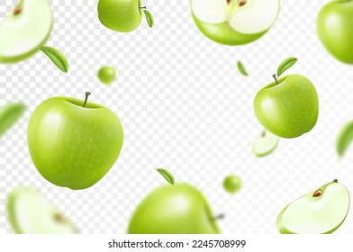 Apple background. Flying whole, half and slices of fresh apples. With blurry effect. Can be used for wallpaper, banner, poster, print, fabric, wrapping paper. Realistic 3d vector illustration.