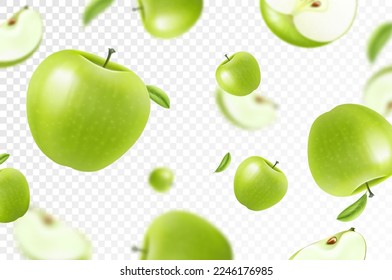 Apple background. Flying whole, half and slices of fresh apples. Unfocused and blurry effect. Can be used for wallpaper, banner, poster, print, fabric, wrapping paper. Realistic 3d vector illustration