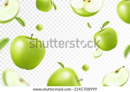 Apple background. Flying whole, half and slices of fresh apples. With blurry effect. Can be used for wallpaper, banner, poster, print, fabric, wrapping paper. Realistic 3d vector illustration.