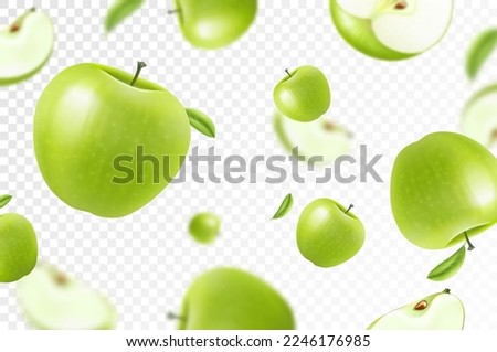 Apple background. Flying whole, half and slices of fresh apples. Unfocused and blurry effect. Can be used for wallpaper, banner, poster, print, fabric, wrapping paper. Realistic 3d vector illustration