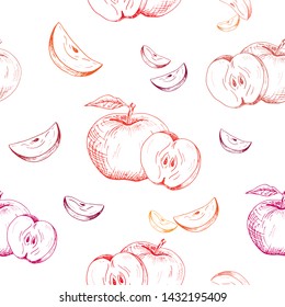 Apple background. Seamless pattern of hand-drawn red apples on white background. Sketch style vector backdrop.