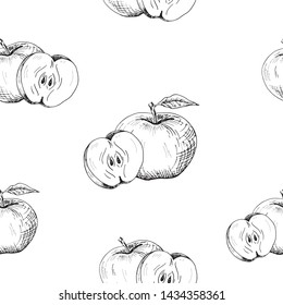 Apple background. Seamless pattern of hand-drawn black apples on white background. Sketch style vector backdrop.
