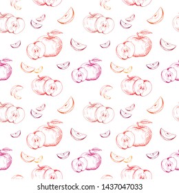 Apple background. Seamless pattern of hand-drawn red apples on white background. Sketch style vector backdrop.