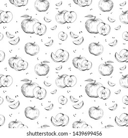 Apple background. Seamless pattern of hand-drawn black apples on white background. Sketch style vector backdrop.
