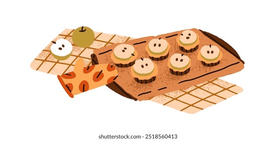 Panadería de manzana, cupcakes, postre casero fresco en bandeja para hornear. Dulce comida casera, pasteles afrutados. Otoño otoño temporada hygge en la cocina. Ilustración vectorial plana aislada sobre fondo blanco