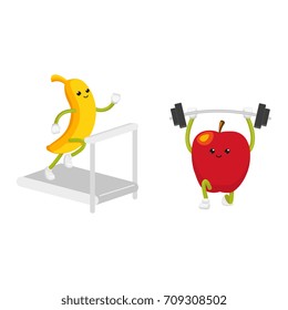 Apple and banana characters working out, weight lifting and running on treadmill, flat cartoon vector illustration isolated on white background. Funny fruit characters - apple and banana, doing sport
