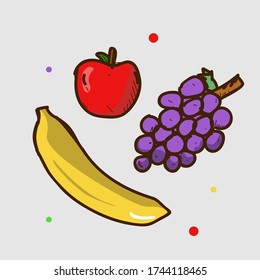 Apple and banana and grape vector illustration. Flat cartoon style
