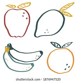 Apple, banana, lemon and orange fruit modern flat vector illustration, simple and minimalistic set of citrus and tropic and garden fruits for print and web design