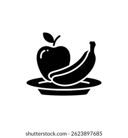 Apple and Banana on Plate Icon, Simple Fruit Serving Illustration