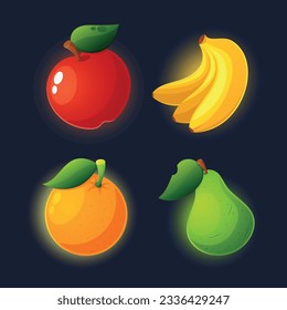 Apple, Banana, Orange and Pear Fruits, Isolated Game Icons for Casino or Slot Machine Gamble Gaming Experience