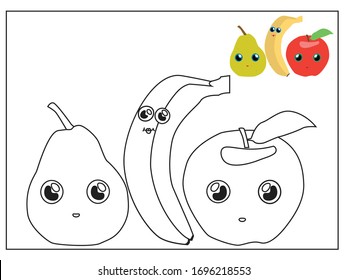 apple, banana, pear coloring book page