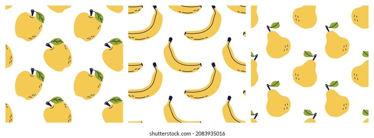 Apple, banana and pear. Fruit seamless pattern bundle. Color illustration collection in hand-drawn style. Vector repeat background set