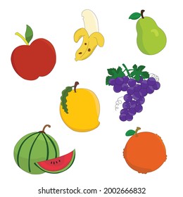 Apple, Banana, Pear, Mango, Grapes, Watermelon and Orange illustration