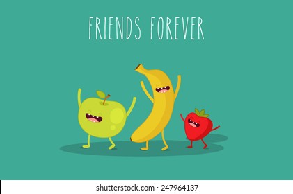 Apple, banana, strawberry fruit. Use for card, poster, banner, web design and print on t-shirt. Vector cartoon. A Easy to edit. Vector illustration. Vegan food.